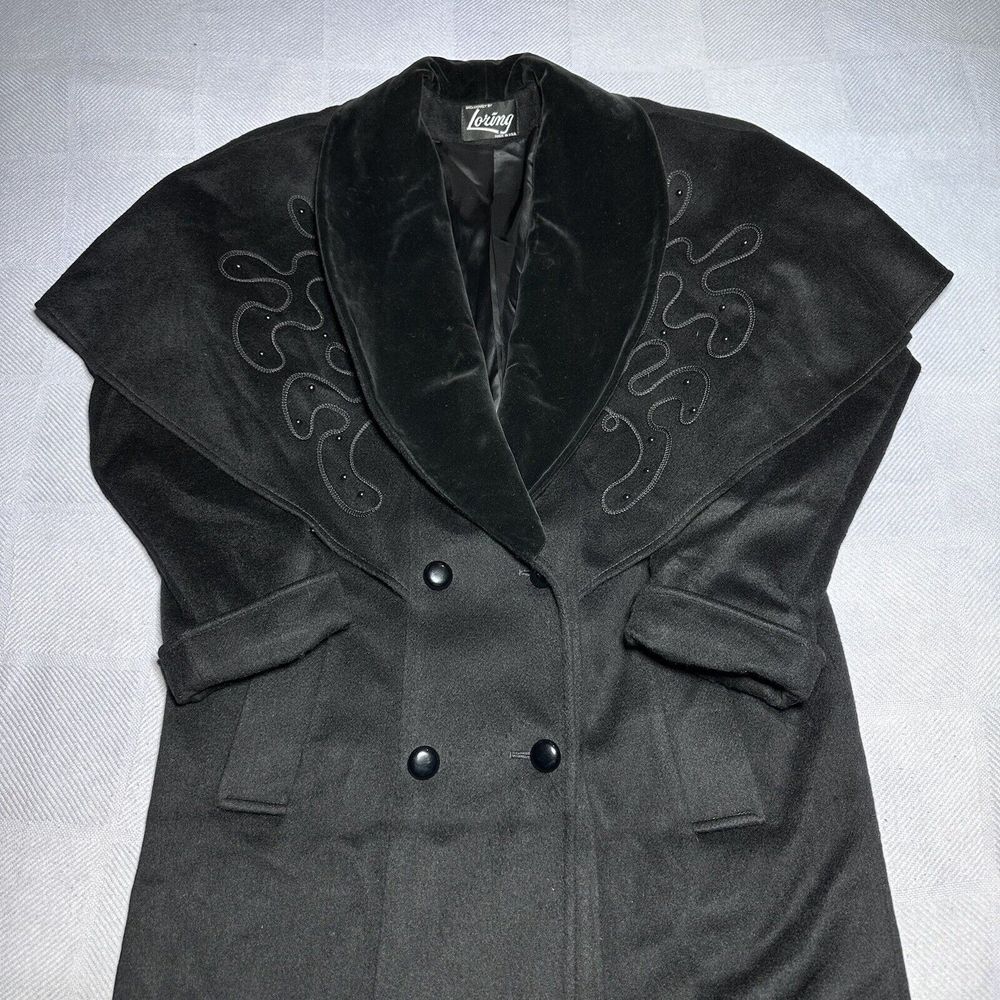 Vintage 1960s Loring Forstmann Elegant‎ Long Cape Black Wool Coat Women's Size 8